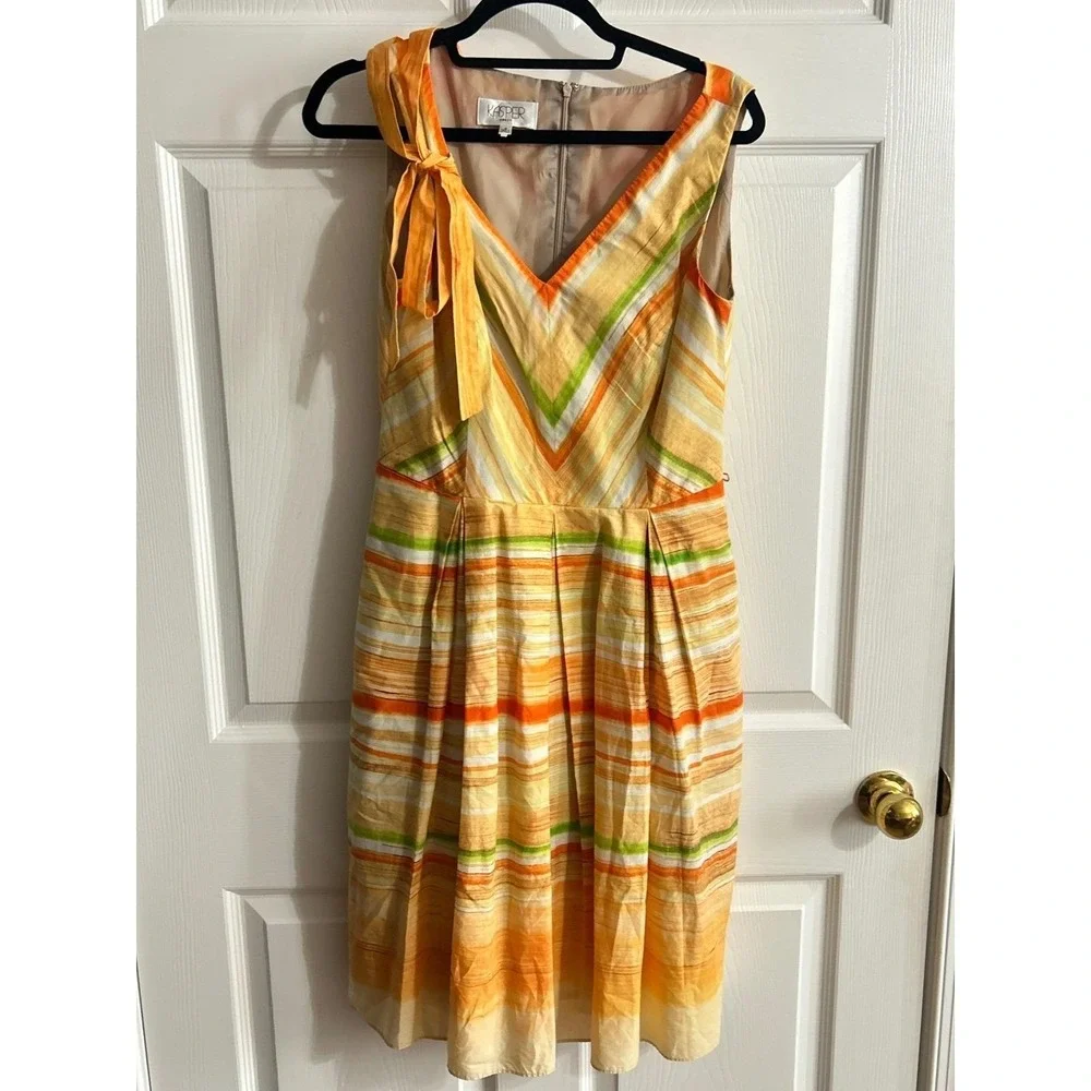 Kasper A-Line Dress Womens Size 4 Orange Striped Summer Brunch Sleeveless Bow‎